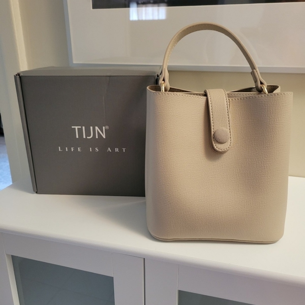 Beige Structured Top-Handle Bucket Bag